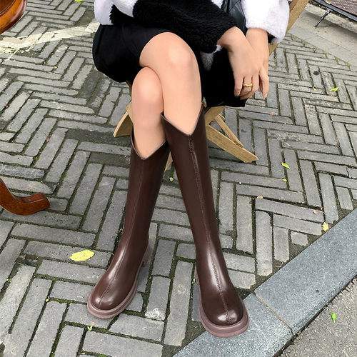 【火云甄选】新款真皮V口骑士靴女长筒靴厚底不过膝配大衣瘦瘦靴