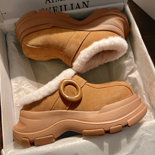 周雨彤同款居家外穿包头拖女2025新款冬季厚底雪地靴加绒保暖棉鞋