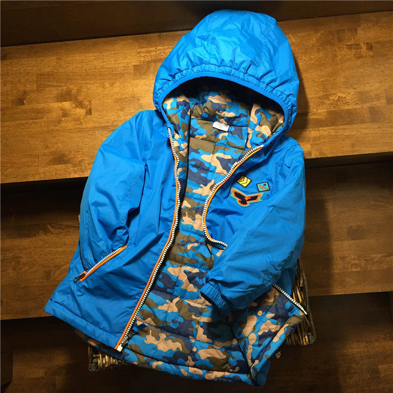 儿童两面穿棉服男童棉衣宝宝棉袄夹棉外套连帽加棉迷彩外套秋冬款
