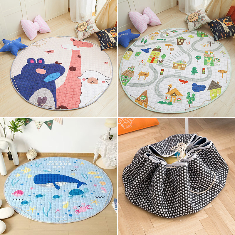 宝宝圆形爬爬垫婴儿加厚地垫卡通游戏毯折叠儿童野餐垫玩具收纳袋