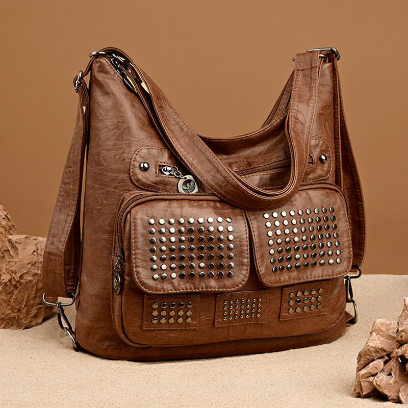 欧洲站复古软皮双肩包女美式个性时髦铆钉托特包多口袋通勤单肩包