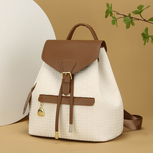 欧洲站今年流行千鸟格双肩包小巧型抽绳水桶背包百搭大容量小书包