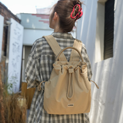 日系纯色尼龙布双肩包女小清新个性编织手提背包少女轻便旅行背包
