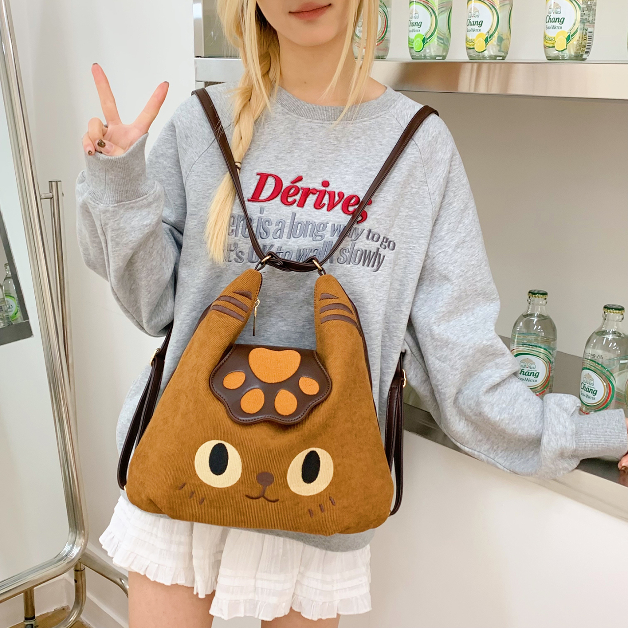 日式呆萌可爱卡通猫咪托特包女创意猫爪上课书包学生党女生双肩包