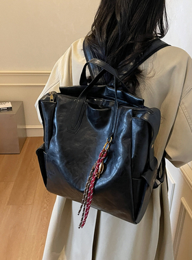 极简古着感小众双肩包复古通勤旅行背包大容量学生包皮质女生书包