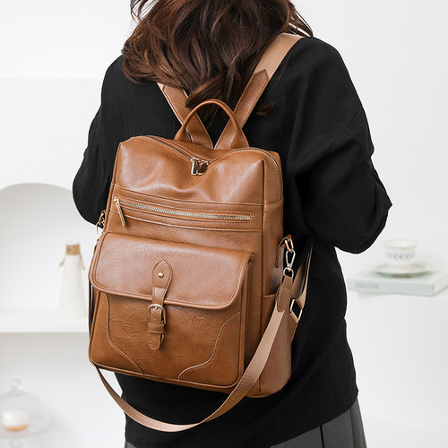 美式复古拼接双肩包高级感软皮大容量背包街头时尚潮流大学生书包