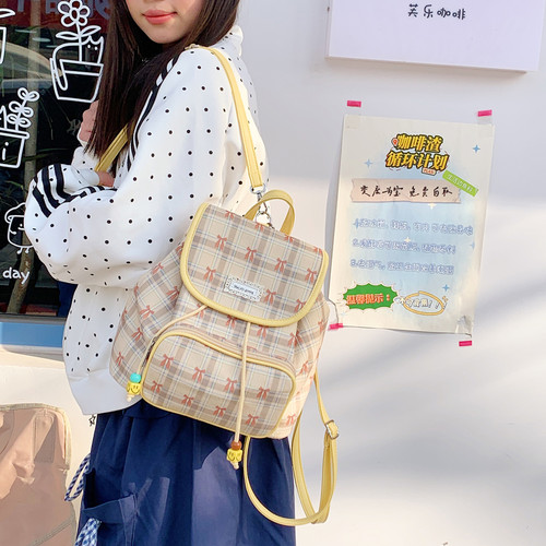 田园少女风格纹双肩包女可爱蝴蝶结旅行背包日系小清新女生小书包