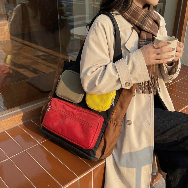 早春撞色拼接女包大容量多巴胺防水尼龙布包多口袋带娃旅游单肩包,箱包皮具/热销女包/男包,托特包,淘宝优惠券,粉丝福利购,淘宝优惠卷