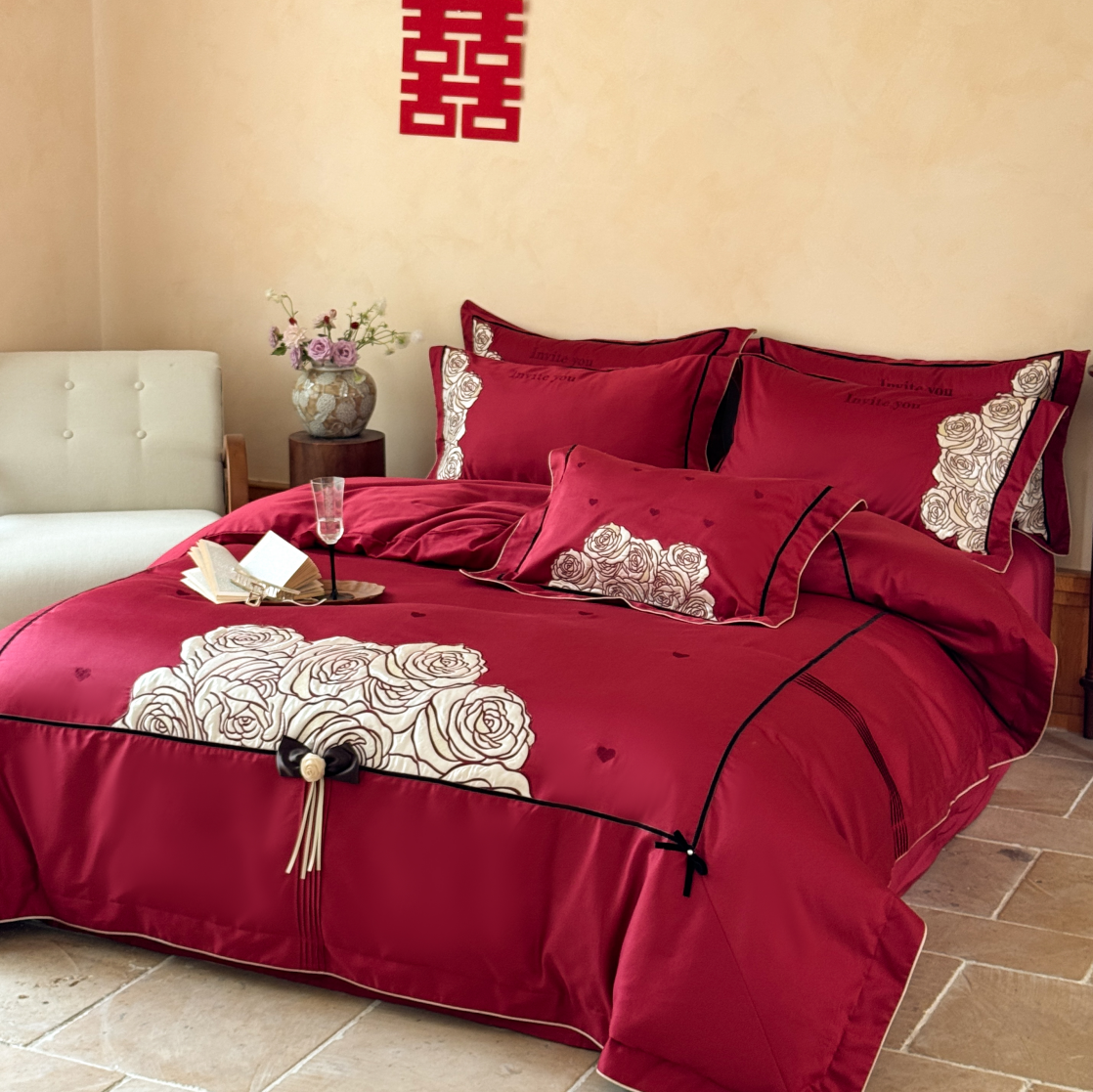 浪漫玫瑰100S长绒棉全棉结婚四件套刺绣蝴蝶结纯棉被套新婚庆床品