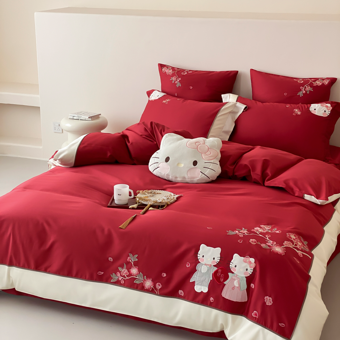 卡通可爱猫咪全棉婚庆四件套高档刺绣纯棉结婚喜被套床单床上用品,床上用品,婚庆床品套件,淘宝优惠券,粉丝福利购,淘宝优惠卷