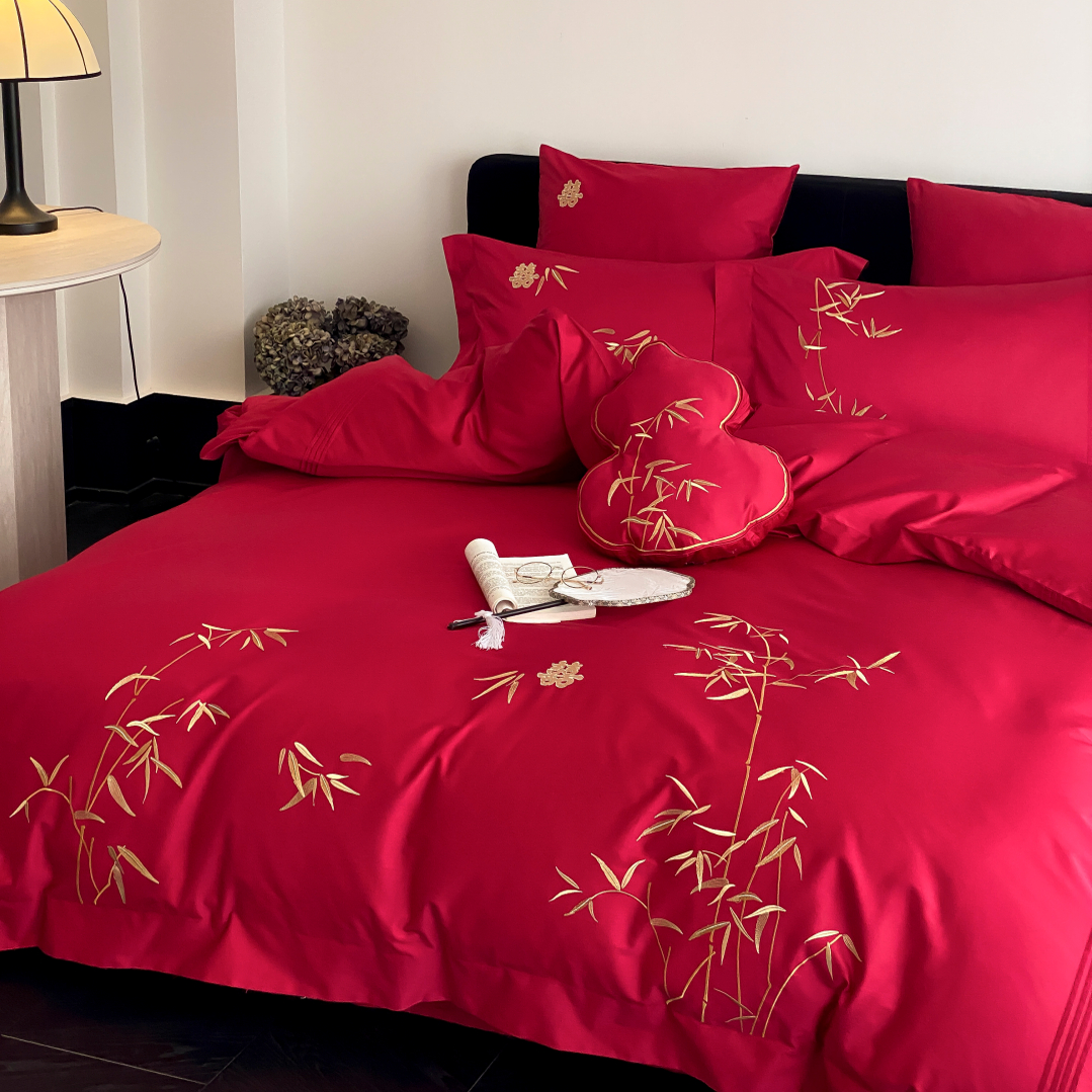 简约新婚庆长绒棉全棉结婚四件套竹子刺绣大红色纯棉被套床上用品