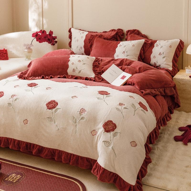秋冬季红色玫瑰牛奶绒婚庆四件套加厚保暖珊瑚绒结婚喜被床上用品