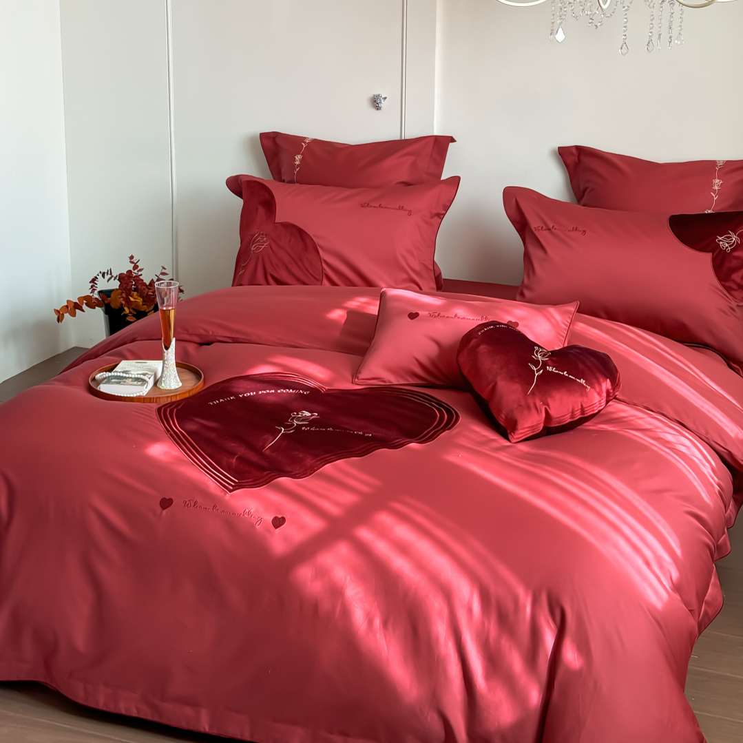 100S爱心玫瑰刺绣全棉结婚四件套