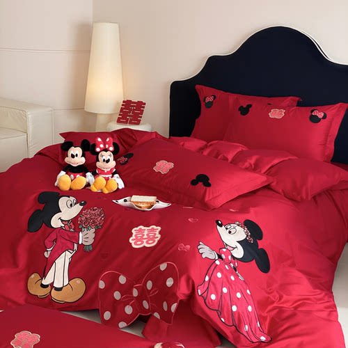 迪士尼100S长绒棉大红婚庆四件套