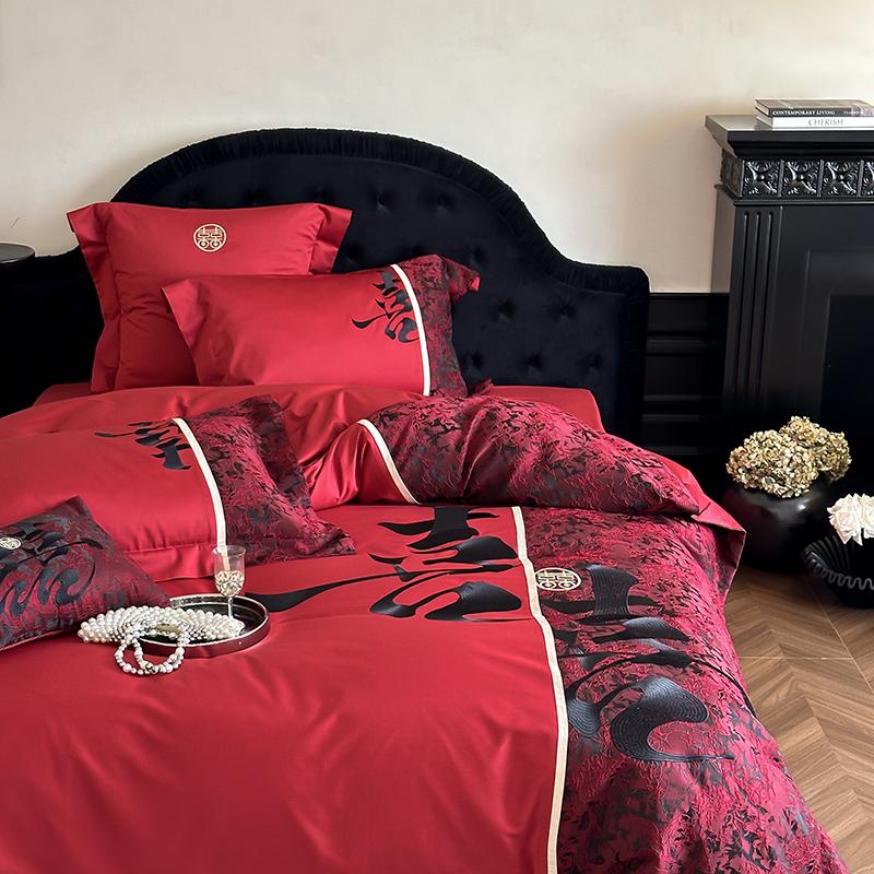 100支全棉结婚四件套双喜纯棉