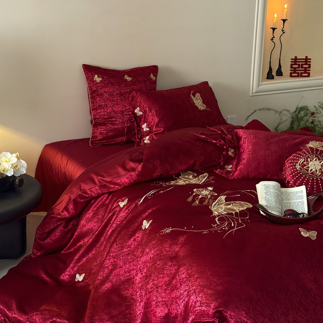 高级感中式长绒棉婚庆四件套大红色蝴蝶刺绣喜被床单结婚床上用品