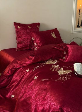 高级感中式长绒棉婚庆四件套大红色蝴蝶刺绣喜被床单结婚床上用品