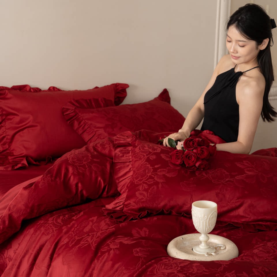 法式浪漫花边100S全棉婚庆四件套精美提花纯棉结婚陪嫁喜被套床笠