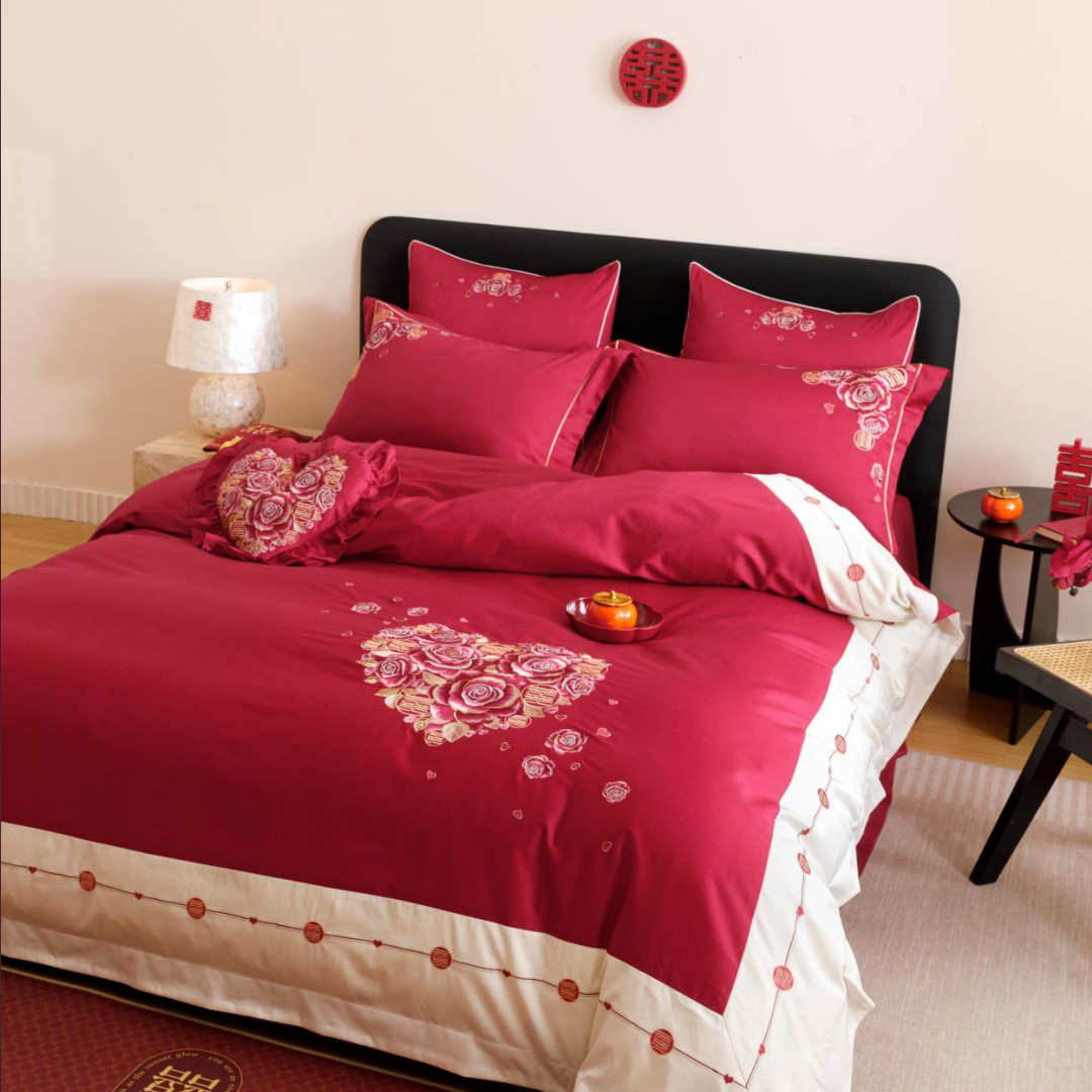 玫瑰刺绣A类100全棉结婚庆四件套