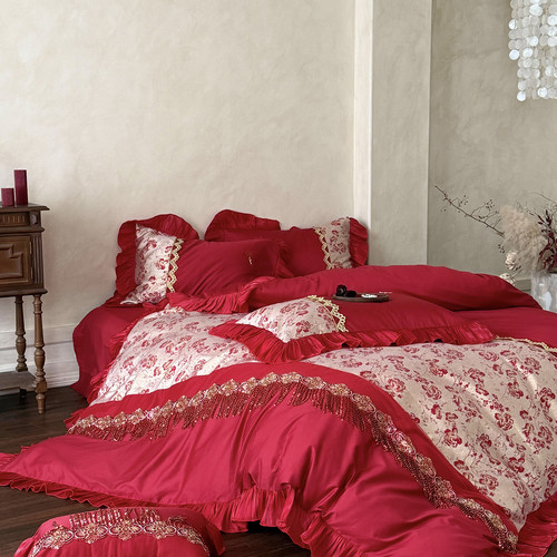 法式褶皱花边100S全棉婚庆四件套