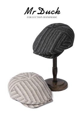 mrduck经典时尚条纹鸭舌帽男女大头围羊毛贝雷帽 今年流行前进帽