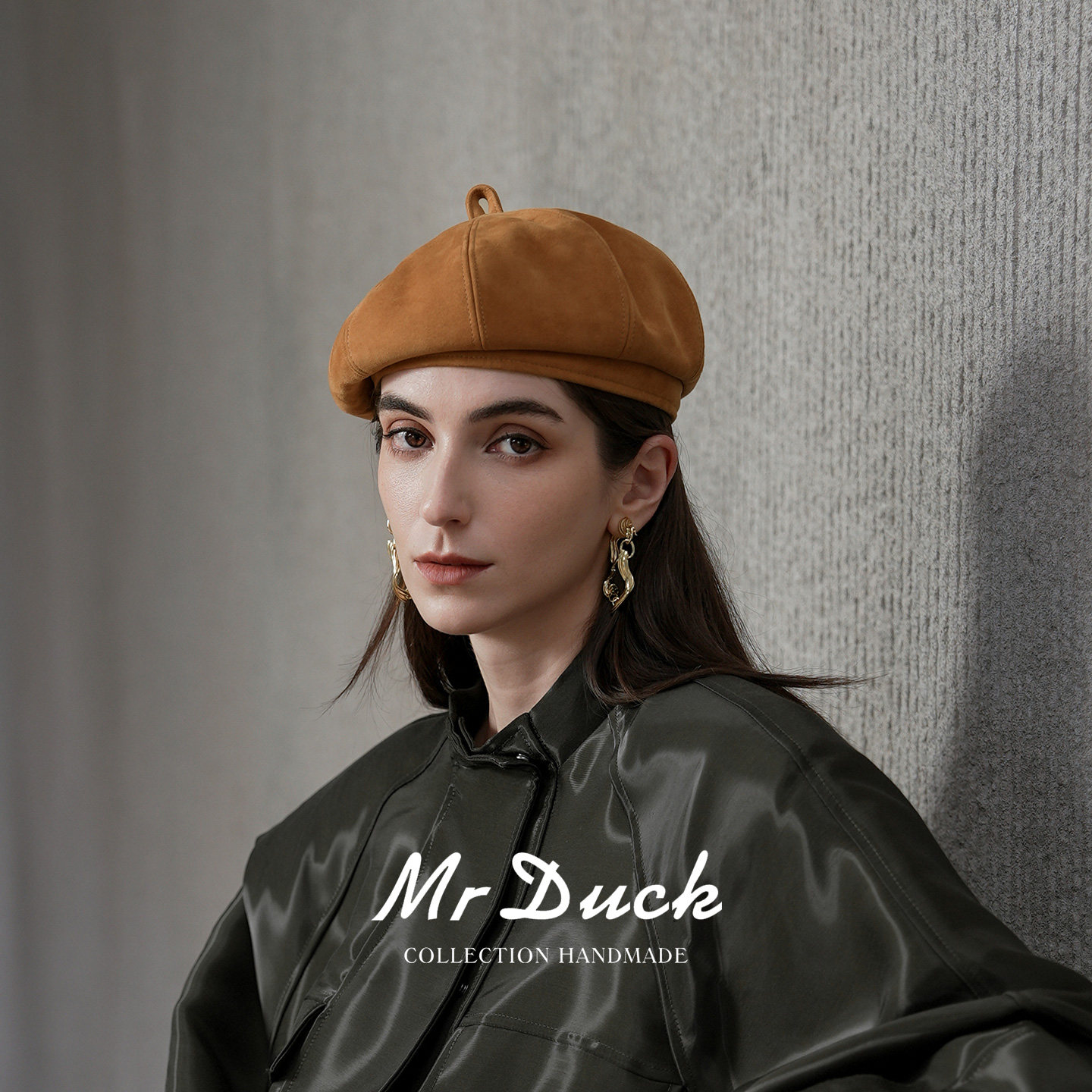 mrduck进口头层羊反绒贝雷帽女
