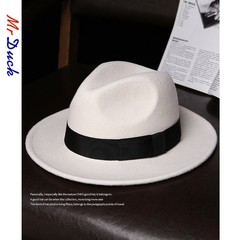 mrduck新品 澳洲羊毛毡宽檐白色礼帽男女款 经典英伦潮搭巴拿马帽
