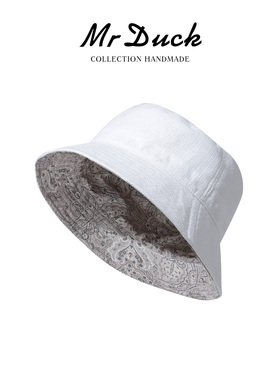 mrduck进口棉麻腰果花双面渔夫帽女四季户外防晒帽子男大头围盆帽