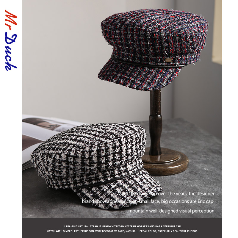 mrduck小香风粗花呢平顶贝雷帽女