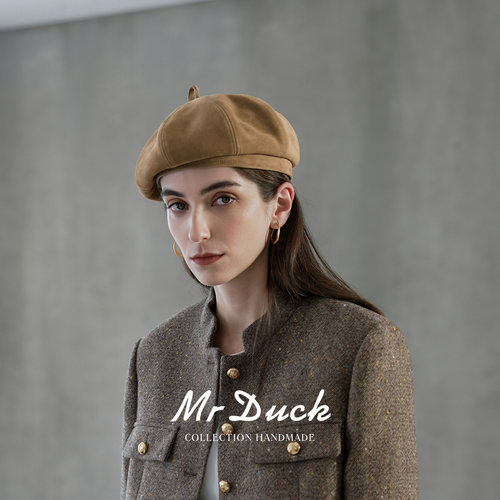 mrduck进口头层羊反绒贝雷帽女