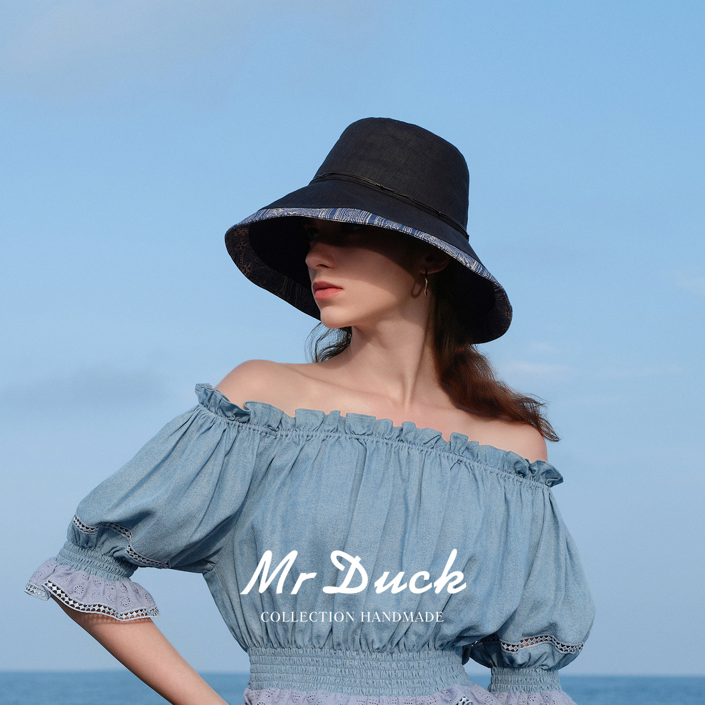 mrduck美丽传说 老钱度假风撞色印花渔夫帽 海边度假遮阳帽大头围