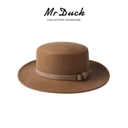 mrduck 原创手工澳洲羊毛呢法式平顶礼帽 秋冬宽檐帽子大头围男女