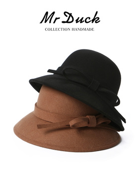mrduck原创设计赫本风澳洲羊毛渔夫帽女优雅礼帽秋季新款高档盆帽
