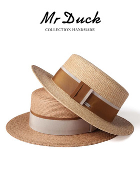 mrduck法式浪漫进口平顶拉菲草帽女遮阳防晒海边度假礼帽女大头围