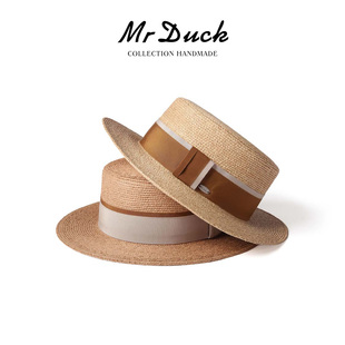 mrduck法式 浪漫进口平顶拉菲草帽女遮阳防晒海边度假礼帽女大头围