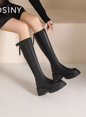 卓诗尼厚底高筒靴女黑色骑士靴小个子百搭长靴时尚靴欧美风格粗跟