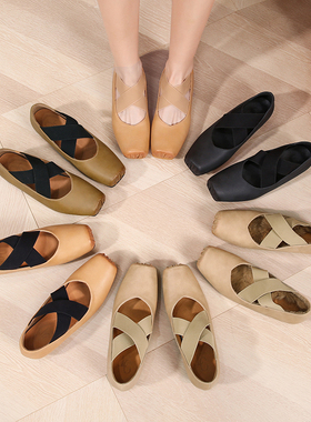 软底真皮方头复古绑带仙女芭蕾舞鞋外穿粗跟猪鼻子玛丽珍中跟单鞋