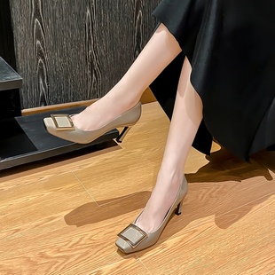 女OL单鞋 RV2025新款 不累脚方头方扣气质高跟鞋 细跟工作鞋 百搭时尚