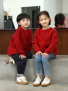 韩版2025新款男童酒红色毛衣亲子装麻花毛衣厚实过年大童全家福