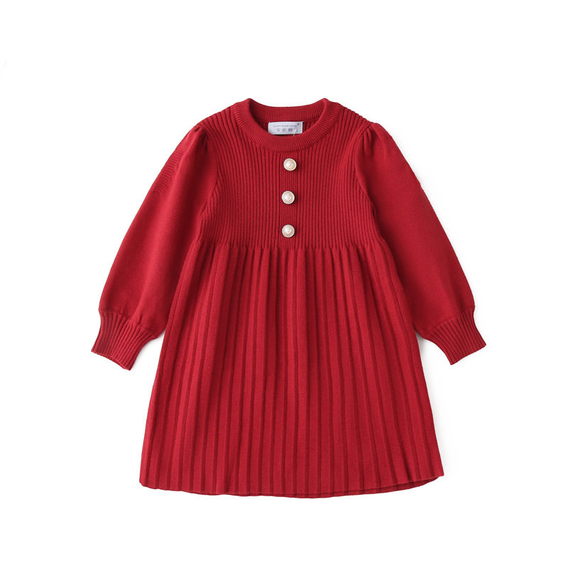 韩系ins冬季女童酒红色毛衣裙洋气时髦泡泡袖宽松过年公主连衣裙