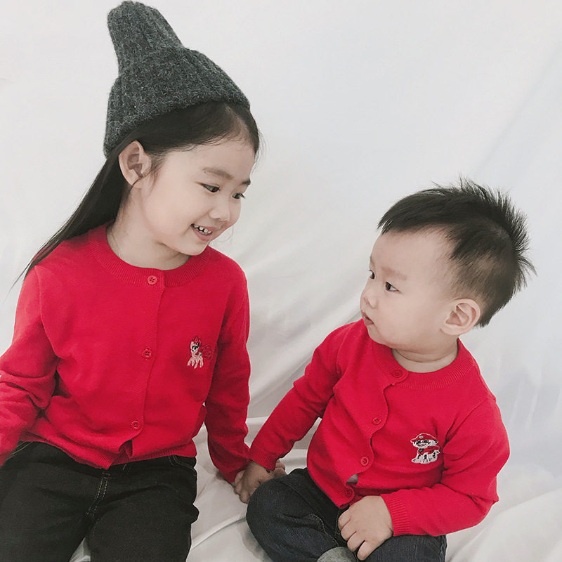 韩版童装男童婴儿纯棉汪汪队纯棉针织开衫春季薄款毛衣外套亲子装