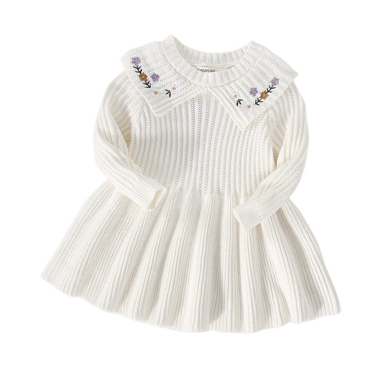 韩版童装春季女童婴儿纯棉米白色荷叶边领绣花针织毛衣裙连衣裙