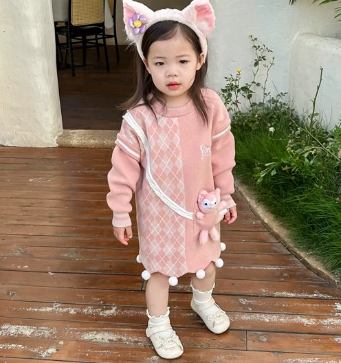 韩国ins童装女童冬季连衣裙粉色纯棉针织小公主新年毛衣裙带发箍