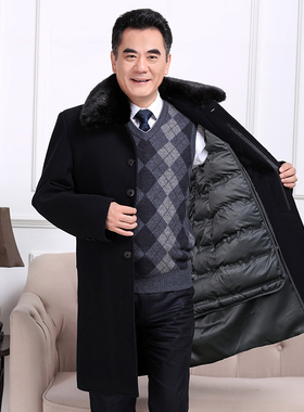 中老年长款羊毛加厚大衣外套爸爸冬装内胆毛领可拆卸大衣商务休闲