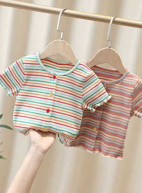女童开衫条纹T恤短袖纯棉夏季2026新款洋气夏装中大儿童短款上衣