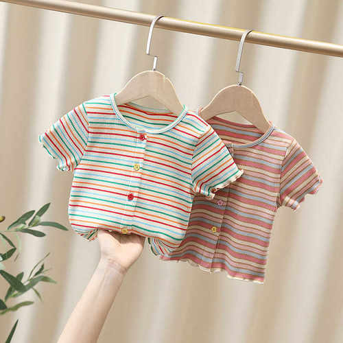 彩虹条纹短袖T恤韩版圆领