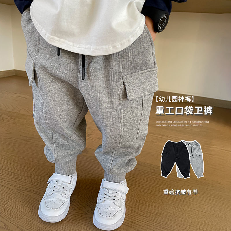 儿童韩版裤子春秋新款中小童百搭运动裤宝宝纯色口袋工装系带卫裤
