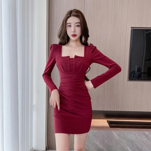 性感气质连衣裙褶皱遮肉轻熟御姐穿搭成熟短裙长袖 紧身收腰包臀裙