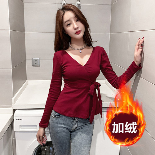 交叉V领绑带收腰性感上衣女秋冬