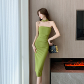 性感显身材气质挂脖吊带裙露背收腰褶皱修身 显瘦中长款 包臀连衣裙